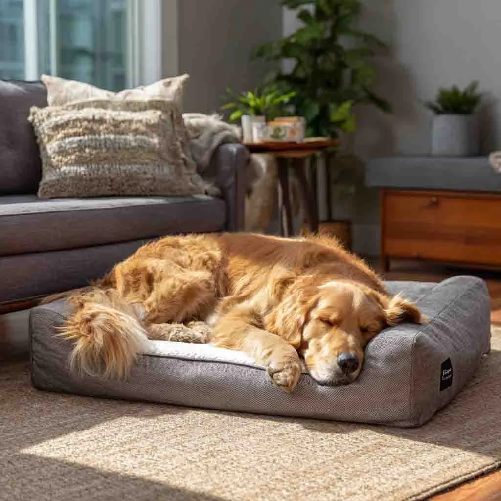 “Golden Retriever lying on orthopedic memory foam dog bed with bolster and removable oxford cover”