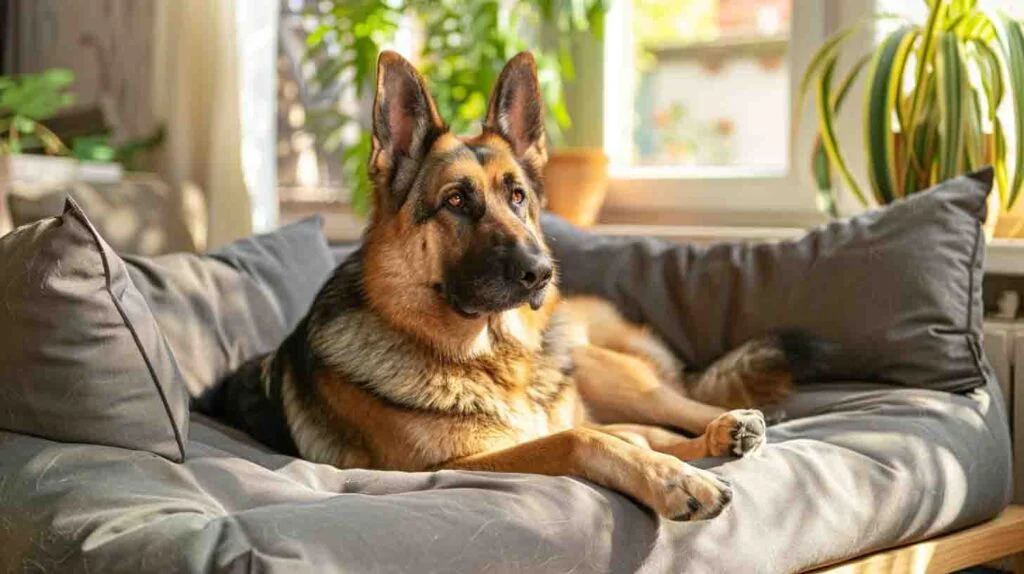 German Shepherd with hip dysplasia resting on the best orthopedic dog bed with bolsters and non-slip base
